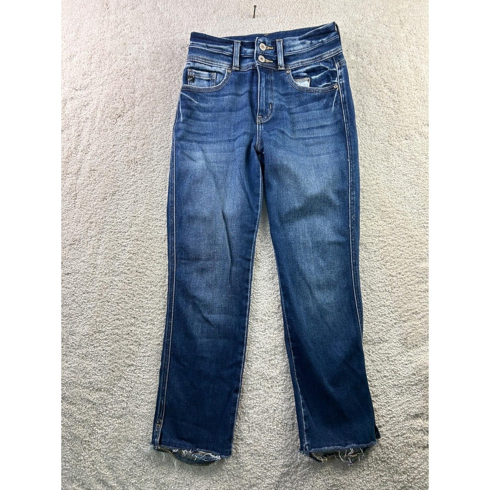 KanCan Jeans Womens 24 Blue Distressed High Rise Frayed Hem Straight Denim Pants